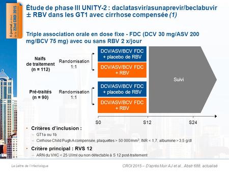 La Lettre de l’Infectiologue Étude de phase III UNITY-2 : daclatasvir/asunaprevir/beclabuvir ± RBV dans les GT1 avec cirrhose compensée (1) Critères d’inclusion.