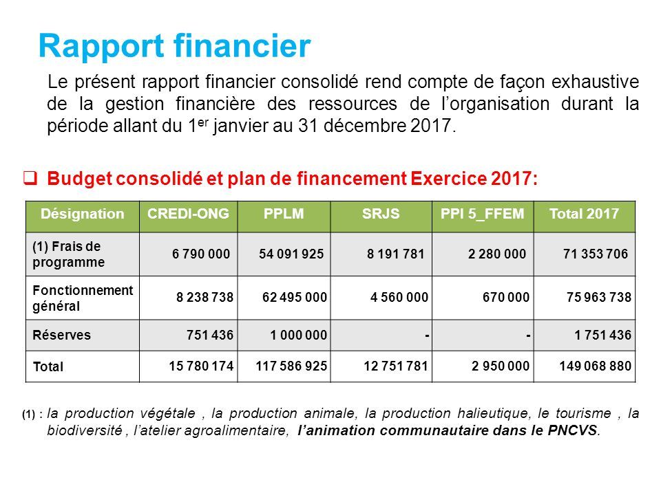 Rapport Financier Le Present Rapport Financier Consolide Rend Compte De Facon Exhaustive De La Gestion Financiere Des Ressources De L Organisation Durant Ppt Telecharger