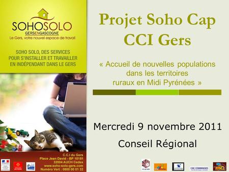 Projet Soho Cap CCI Gers « Accueil de nouvelles populations dans les territoires ruraux en Midi Pyrénées » Mercredi 9 novembre 2011 Conseil Régional.