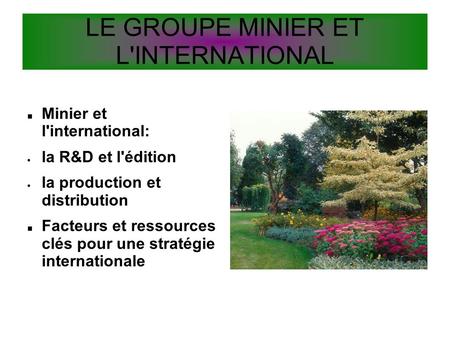 LE GROUPE MINIER ET L'INTERNATIONAL Minier et l'international:  la R&D et l'édition  la production et distribution Facteurs et ressources clés pour une.