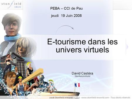 E-tourisme dans les univers virtuels David Castéra Stonfield InWorld PEBA – CCI de Pau jeudi 19 Juin 2008.