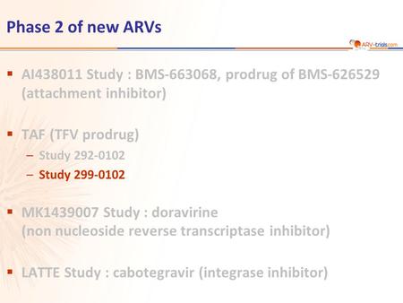 Phase 2 of new ARVs  AI438011 Study : BMS-663068, prodrug of BMS-626529 (attachment inhibitor)  TAF (TFV prodrug) –Study 292-0102 –Study 299-0102  MK1439007.