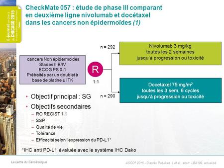 CheckMate 057 : étude de phase III comparant en deuxième ligne nivolumab et docétaxel dans les cancers non épidermoïdes (1) Nivolumab 3 mg/kg toutes les.