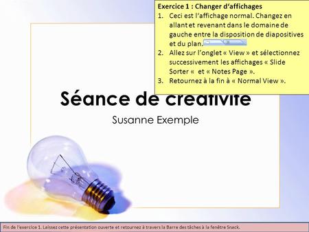 Séance de créativité Susanne Exemple Exercice 1 : Changer d‘affichages