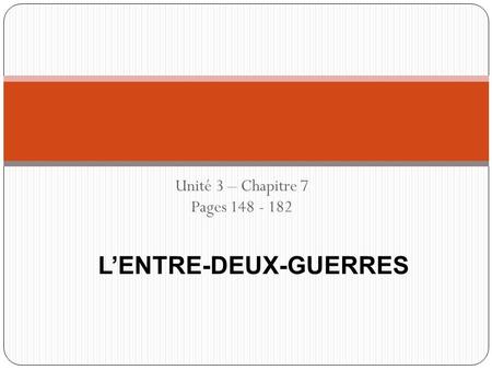 Unité 3 – Chapitre 7 Pages 148 - 182 L’ENTRE-DEUX-GUERRES.