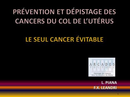 Prévention et Dépistage des Cancers du Col de l’Utérus Le seul cancer évitable L. PIANA F.X. LEANDRI.