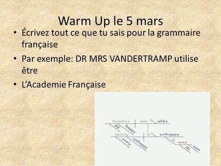 Warm Up le 5 mars Écrivez tout ce que tu sais pour la grammaire française Par exemple: DR MRS VANDERTRAMP utilise être L’Academie Française.