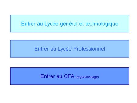 Entrer au Lycée Professionnel Entrer au CFA (apprentissage) Entrer au Lycée général et technologique.