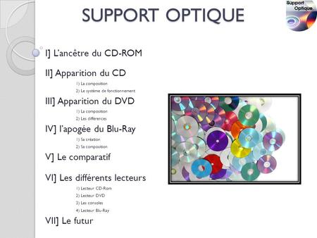SUPPORT OPTIQUE I] L’ancêtre du CD-ROM II] Apparition du CD
