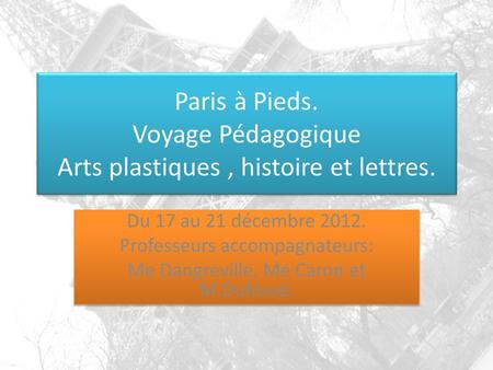 Paris à Pieds. Voyage Pédagogique Arts plastiques, histoire et lettres. Du 17 au 21 décembre 2012. Professeurs accompagnateurs: Me Dangreville, Me Caron.