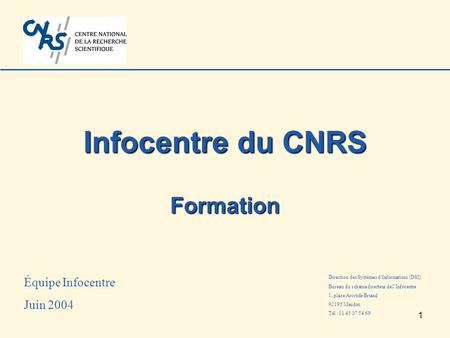 1 Infocentre du CNRS Formation Équipe Infocentre Juin 2004 Direction des Systèmes d’Informations (DSI) Bureau du schéma directeur de l’Infocentre 1, place.