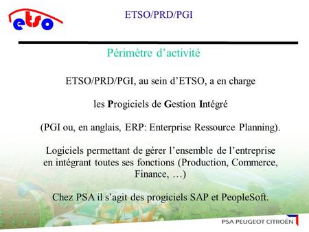 Périmètre d’activité ETSO/PRD/PGI