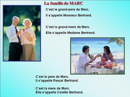 La famille de MARC La famille de MARC C’est le grand-pere de Marc. Il s’appelle Monseur Bertrand. C’est la grand-mere de Marc. Elle s’appelle Madame Bertrand.