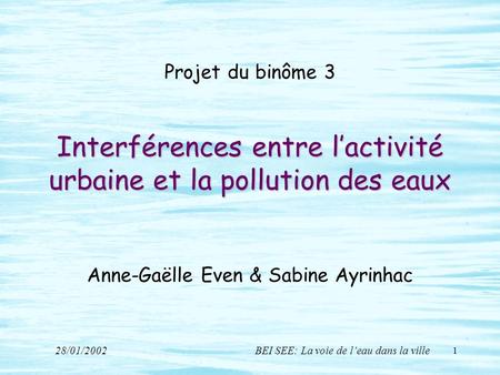 Projet du binôme 3 Interférences entre l’activité urbaine et la pollution des eaux Anne-Gaëlle Even & Sabine Ayrinhac 28/01/2002			BEI SEE: La voie.