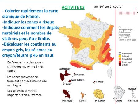 - Colorier rapidement la carte sismique de France.