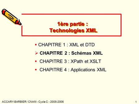 ACCARY-BARBIER / CNAM - Cycle C - 2005-2006 1 1ère partie : Technologies XML  CHAPITRE 1 : XML et DTD  CHAPITRE 2 : Schémas XML  CHAPITRE 3 : XPath.