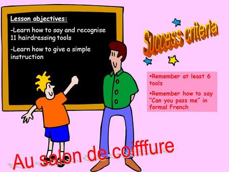  Remember at least 6 tools  Remember how to say “Can you pass me” in formal French Lesson objectives: -Learn how to say and recognise 11 hairdressing.