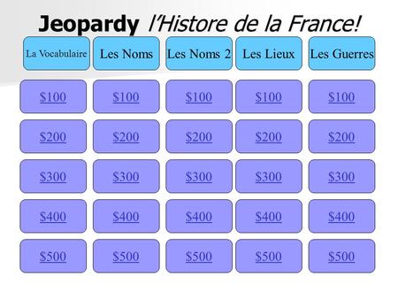 Jeopardy l’Histore de la France! $100 La Vocabulaire Les NomsLes Noms 2Les LieuxLes Guerres $200 $300 $400 $500 $400 $300 $200 $100 $500 $400 $300 $200.