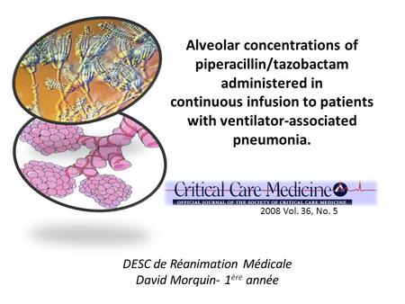 Alveolar concentrations of piperacillin/tazobactam administered in continuous infusion to patients with ventilator-associated pneumonia. 2008 Vol. 36,