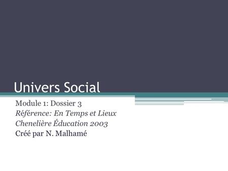 Univers Social Module 1: Dossier 3 Référence: En Temps et Lieux Chenelière Éducation 2003 Créé par N. Malhamé.