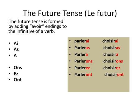 The Future Tense (Le futur) The future tense is formed by adding “avoir” endings to the infinitive of a verb. Ai As A Ons Ez Ont parlerai choisirai Parleras.