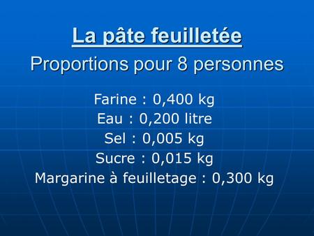 La pâte feuilletée Proportions pour 8 personnes Farine : 0,400 kg