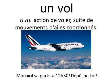 Un vol n.m. action de voler, suite de mouvements d'ailes coordonnés Mon vol va partir a 12h30! Dépêche-toi!