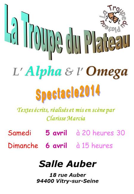 Textes écrits, réalisés et mis en scène par Clarisse Marcia Samedi 5 avril à 20 heures 30 Dimanche 6 avril à 15 heures Salle Auber 18 rue Auber 94400 Vitry-sur-Seine.