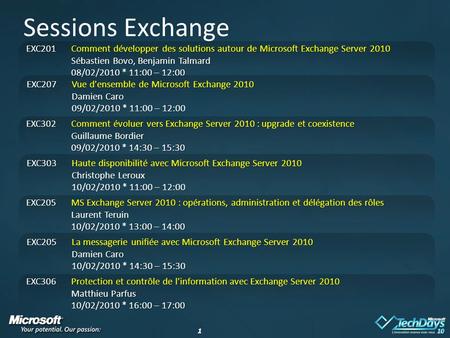 11 Sessions Exchange EXC201Comment développer des solutions autour de Microsoft Exchange Server 2010 Sébastien Bovo, Benjamin Talmard 08/02/2010 * 11:00.