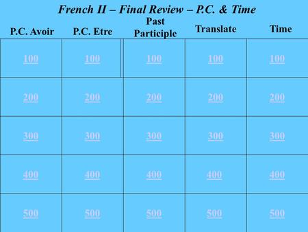 100 200 300 400 500 100 200 300 400 500 100 TranslateTime P.C. EtreP.C. Avoir Past Participle French II – Final Review – P.C. & Time 400 500.