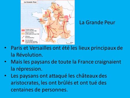 Paris et Versailles ont été les lieux principaux de la Révolution. Mais les paysans de toute la France craignaient la répression. Les paysans ont attaqué.