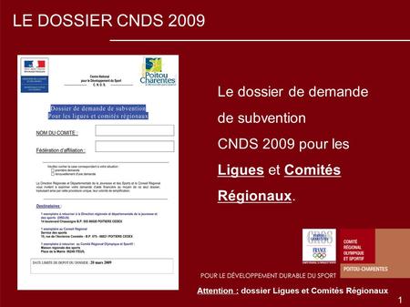 LE DOSSIER CNDS 2009 Le dossier de demande de subvention