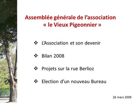 Assemblée générale de l’association « le Vieux Pigeonnier »  L’Association et son devenir  Bilan 2008  Projets sur la rue Berlioz  Election d’un nouveau.