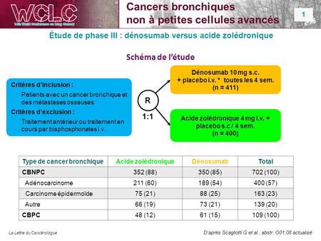 1 La Lettre du Cancérologue D’après Scagliotti G et al., abstr. O01.08 actualisé Critères d’inclusion : Patients avec un cancer bronchique et des métastases.