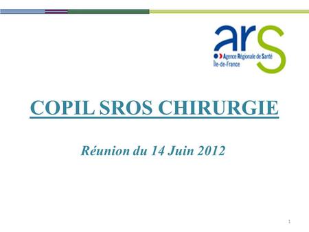 COPIL SROS CHIRURGIE Réunion du 14 Juin 2012 1. 1.Bilan 2.Evolutions technologiques 3.Problématiques (réunion du 27 Janvier 2012) et préconisations 4.Organisations.