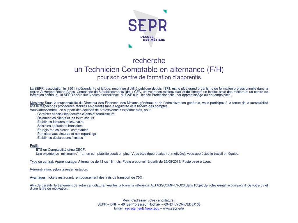 Recherche Un Technicien Comptable En Alternance F H Pour Son Centre De Formation D Apprentis La Sepr Association Loi 1901 Independante Et Laique Reconnue Ppt Telecharger