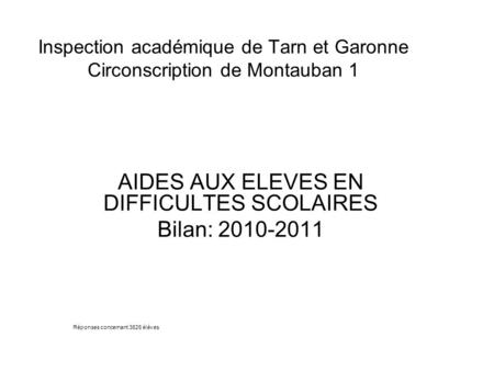 Inspection académique de Tarn et Garonne Circonscription de Montauban 1 AIDES AUX ELEVES EN DIFFICULTES SCOLAIRES Bilan: 2010-2011 Réponses concernant.