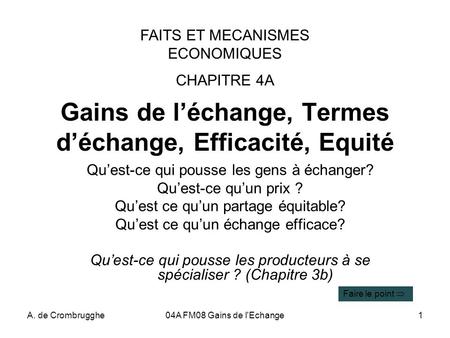 Gains de l’échange, Termes d’échange, Efficacité, Equité