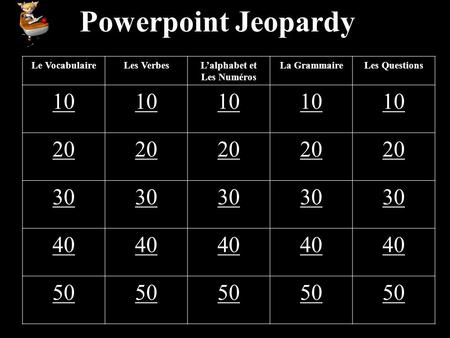 Powerpoint Jeopardy Le VocabulaireLes VerbesL’alphabet et Les Numéros La GrammaireLes Questions 10 20 30 40 50.