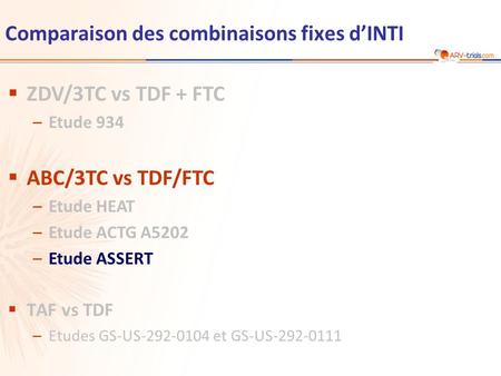 Comparaison des combinaisons fixes d’INTI  ZDV/3TC vs TDF + FTC –Etude 934  ABC/3TC vs TDF/FTC –Etude HEAT –Etude ACTG A5202 –Etude ASSERT  TAF vs TDF.