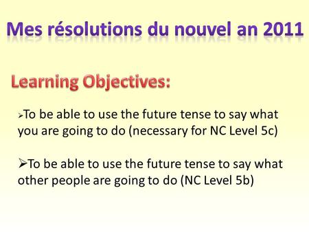  To be able to use the future tense to say what you are going to do (necessary for NC Level 5c)  To be able to use the future tense to say what other.