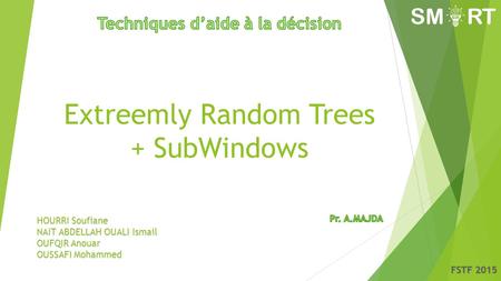 Extreemly Random Trees + SubWindows HOURRI Soufiane NAIT ABDELLAH OUALI Ismail OUFQIR Anouar OUSSAFI Mohammed.