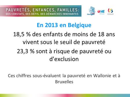 En 2013 en Belgique 18,5 % des enfants de moins de 18 ans vivent sous le seuil de pauvreté 23,3 % sont à risque de pauvreté ou d'exclusion Ces chiffres.