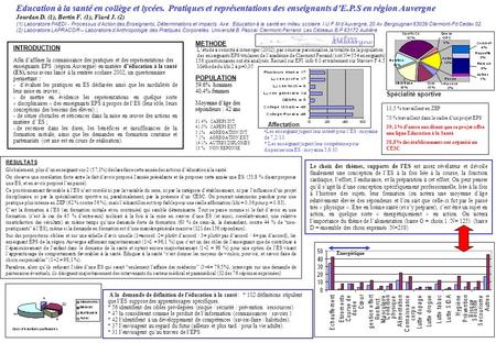 Education à la santé en collège et lycées. Pratiques et représentations des enseignants dE.P.S en région Auvergne Jourdan D. (1), Bertin F. (1), Fiard.