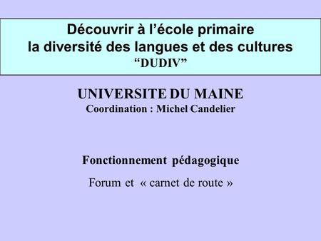 Découvrir à lécole primaire la diversité des langues et des cultures DUDIV UNIVERSITE DU MAINE Coordination : Michel Candelier Fonctionnement pédagogique.