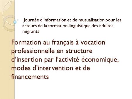 Formation au français à vocation professionnelle en structure dinsertion par lactivité économique, modes dintervention et de financements Journée dinformation.