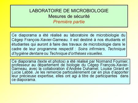 LABORATOIRE DE MICROBIOLOGIE Mesures de sécurité Première partie