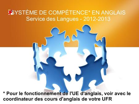 SYSTÈME DE COMPÉTENCE* EN ANGLAIS Service des Langues - 2012-2013 * Pour le fonctionnement de l'UE d'anglais, voir avec le coordinateur des cours d'anglais.