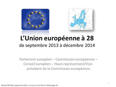 LUnion européenne à 28 de septembre 2013 à décembre 2014 Parlement européen – Commission européenne – Conseil européen – Haut-représentant/Vice- président.