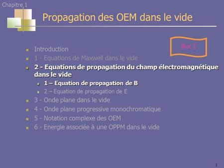 1 Introduction 1 - Equations de Maxwell dans le vide 2 - Equations de propagation du champ électromagnétique dans le vide 2 - Equations de propagation.